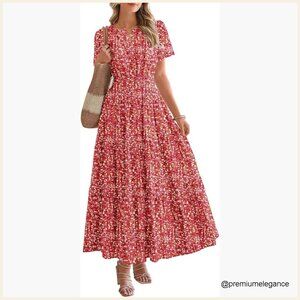 V-Neck Short Sleeve Maxi Dress with Pockets, Flowy Boho Casual Wedding Guest